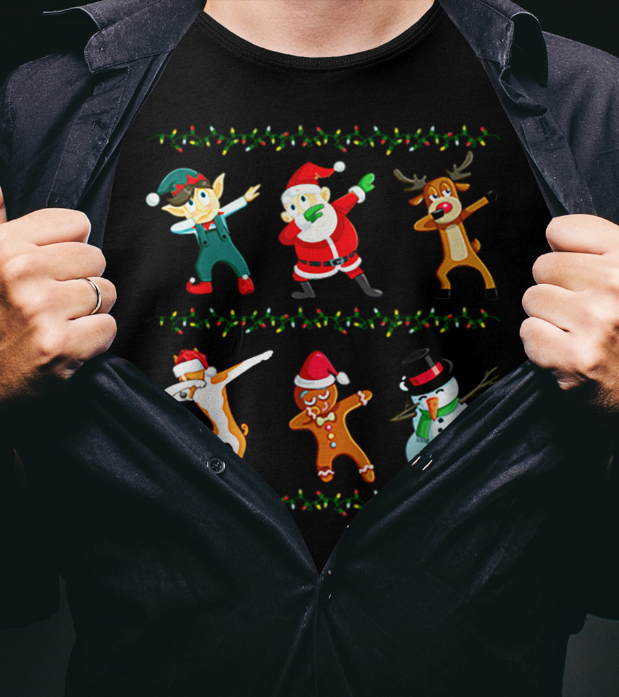 Dabbing Santa Basenji Elf Reindeer Gingerbread Snowman Christmas Lights T-Shirt