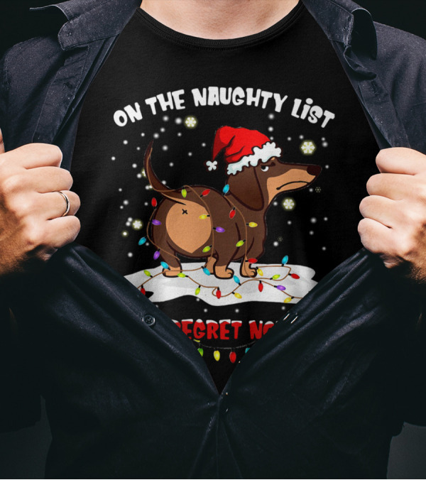 Dachshund Wearing Santa Hat On The Naughty List And I Regret Nothing With Christmas Lights T-Shirt
