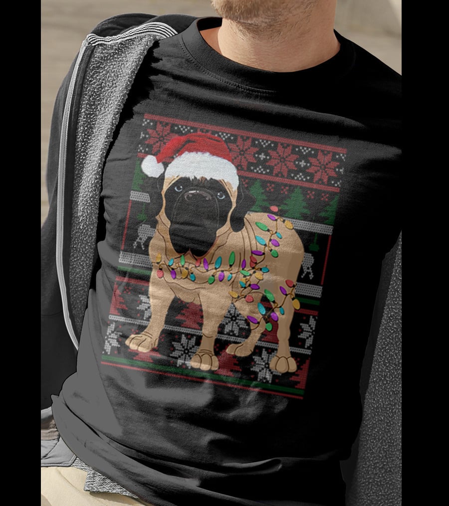 Santa Hat English Mastiff With Christmas Lights And Festive T-Shirt