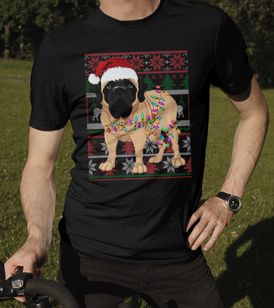Santa Hat English Mastiff With Christmas Lights And Festive T-Shirt