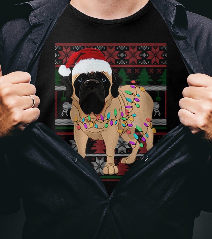 Santa Hat English Mastiff With Christmas Lights And Festive T-Shirt