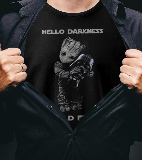 Baby Groot Hugging Darth Vader Helmet Hello Darkness My Old Friend T-Shirt