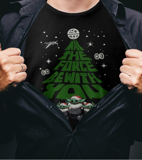 May The Force Be With You Christmas Tree Baby Yoda Ornaments Stars And X-Wing T-Shirt