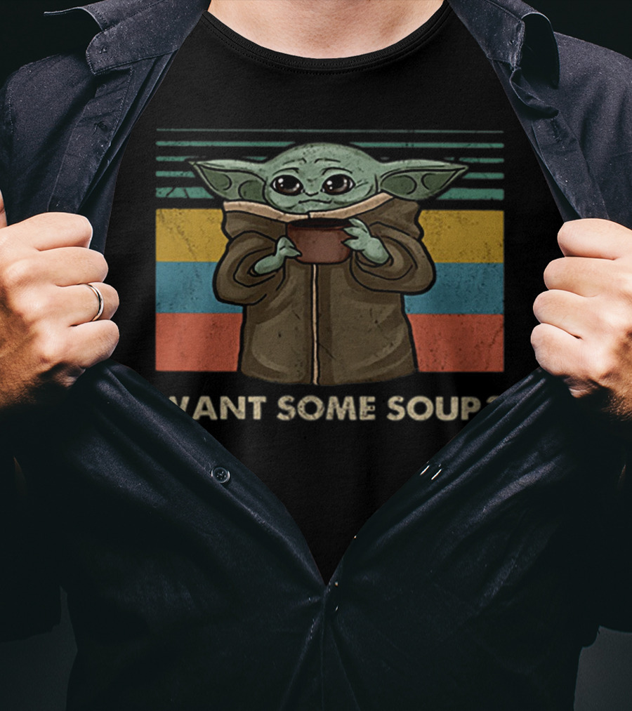 Baby Yoda Want Some Soup Retro Stripes T-Shirt