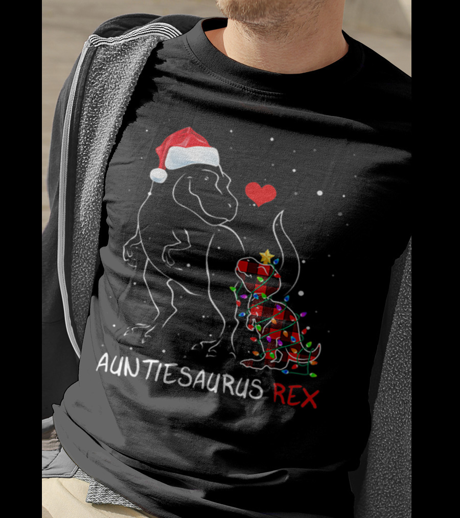 AUNTIESAURUS REX Red Plaid Christmas Dinosaur With Santa Hat And Lights T-Shirt