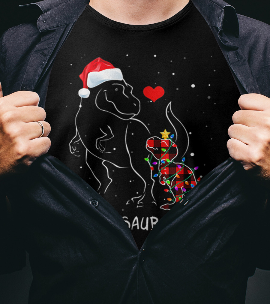 AUNTIESAURUS REX Red Plaid Christmas Dinosaur With Santa Hat And Lights T-Shirt