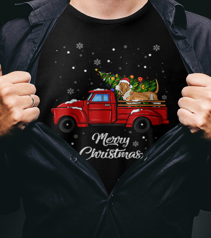 Merry Christmas Basset Hound With Santa Hat On Red Truck With Christmas Tree And Snowflakes T-Shirt