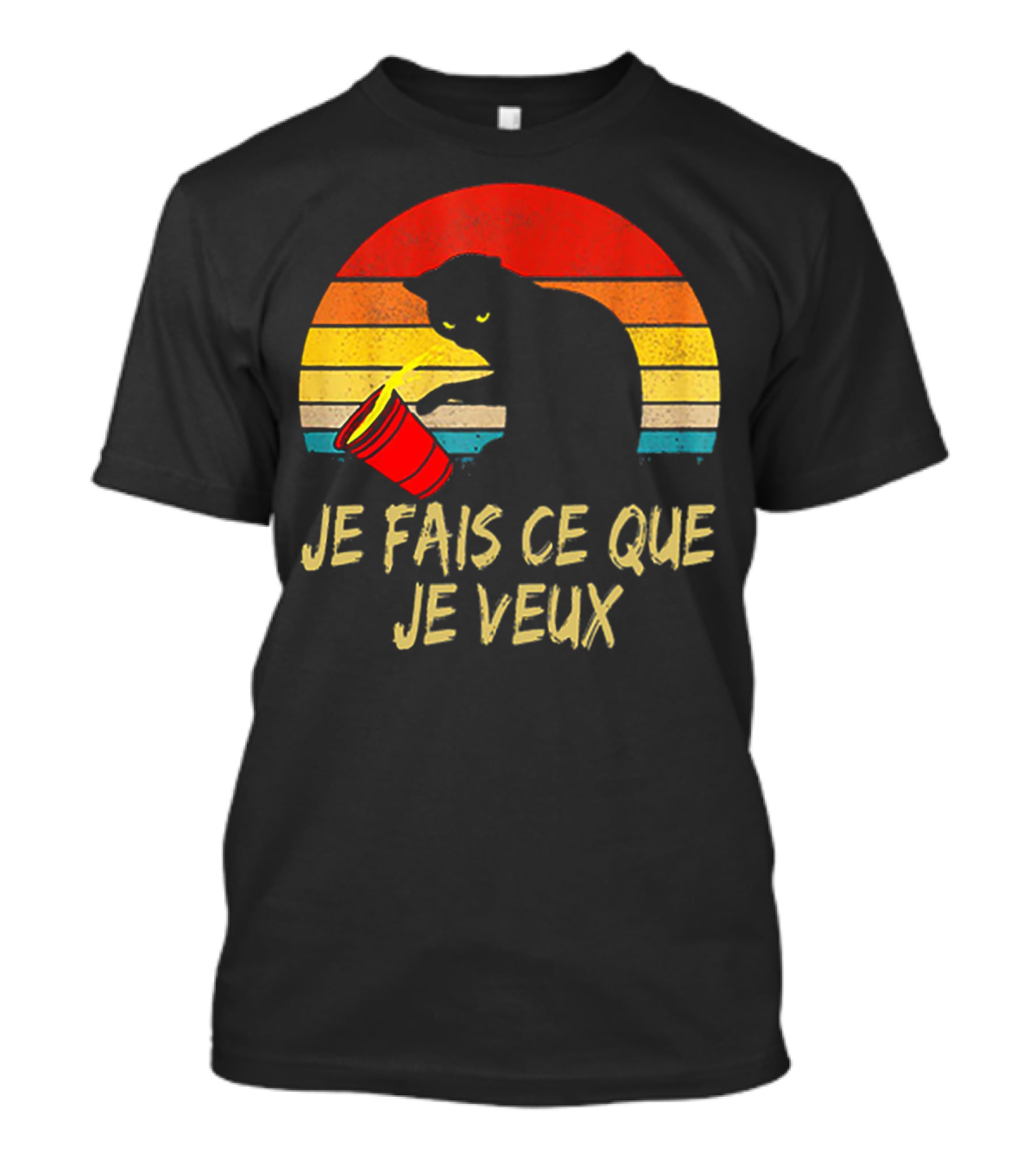 Black Cat Je Fais Ce Que Je Veux Retro Sunset Silhouette 80s T-Shirt