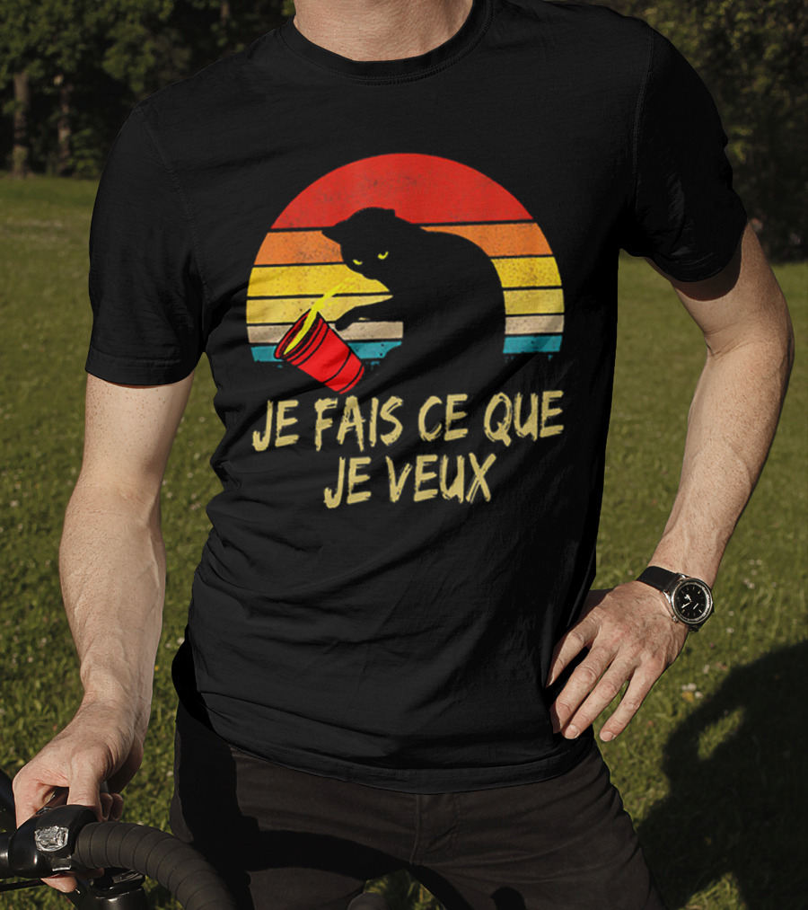 Black Cat Je Fais Ce Que Je Veux Retro Sunset Silhouette 80s T-Shirt