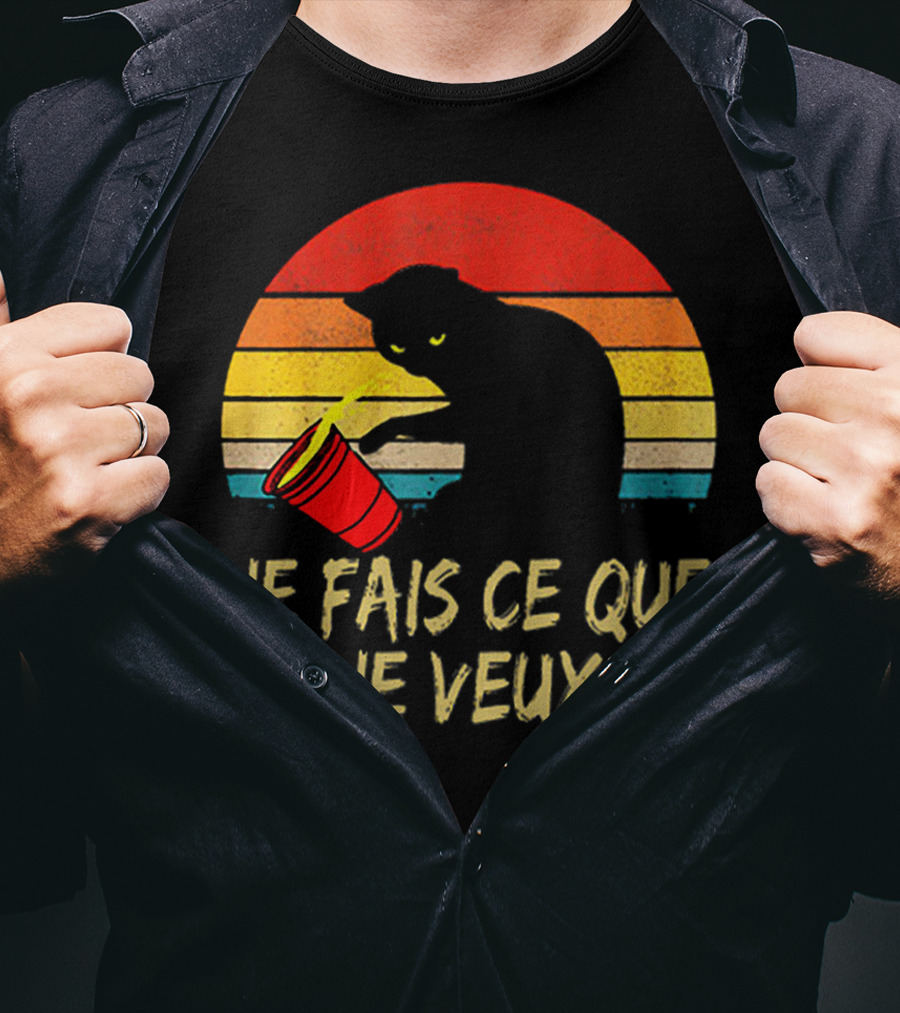Black Cat Je Fais Ce Que Je Veux Retro Sunset Silhouette 80s T-Shirt