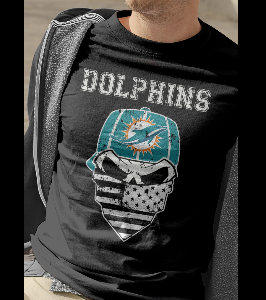 Dolphins Skull Bandana American Flag Miami Emblem T-Shirt