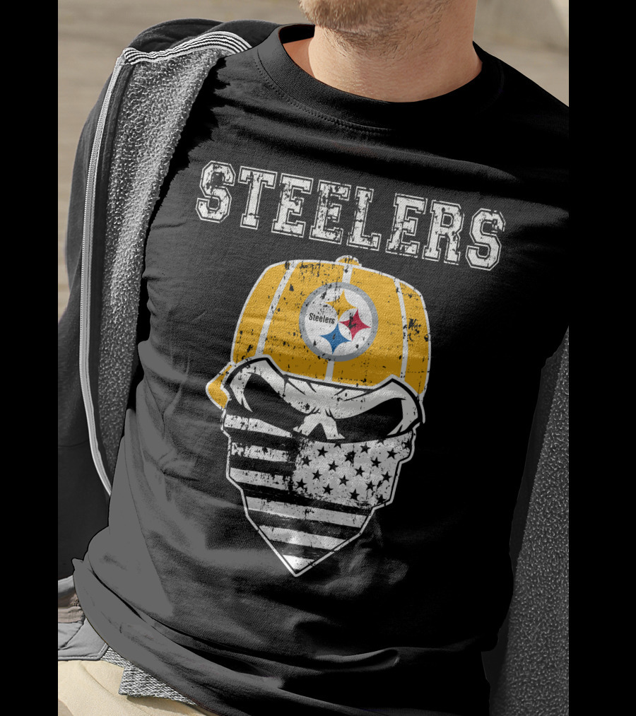 Steelers Skull With American Flag Bandana And Hat T-Shirt
