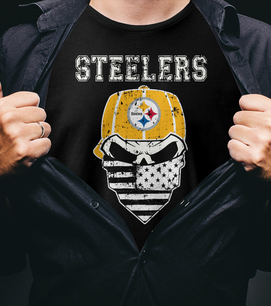 Steelers Skull With American Flag Bandana And Hat T-Shirt