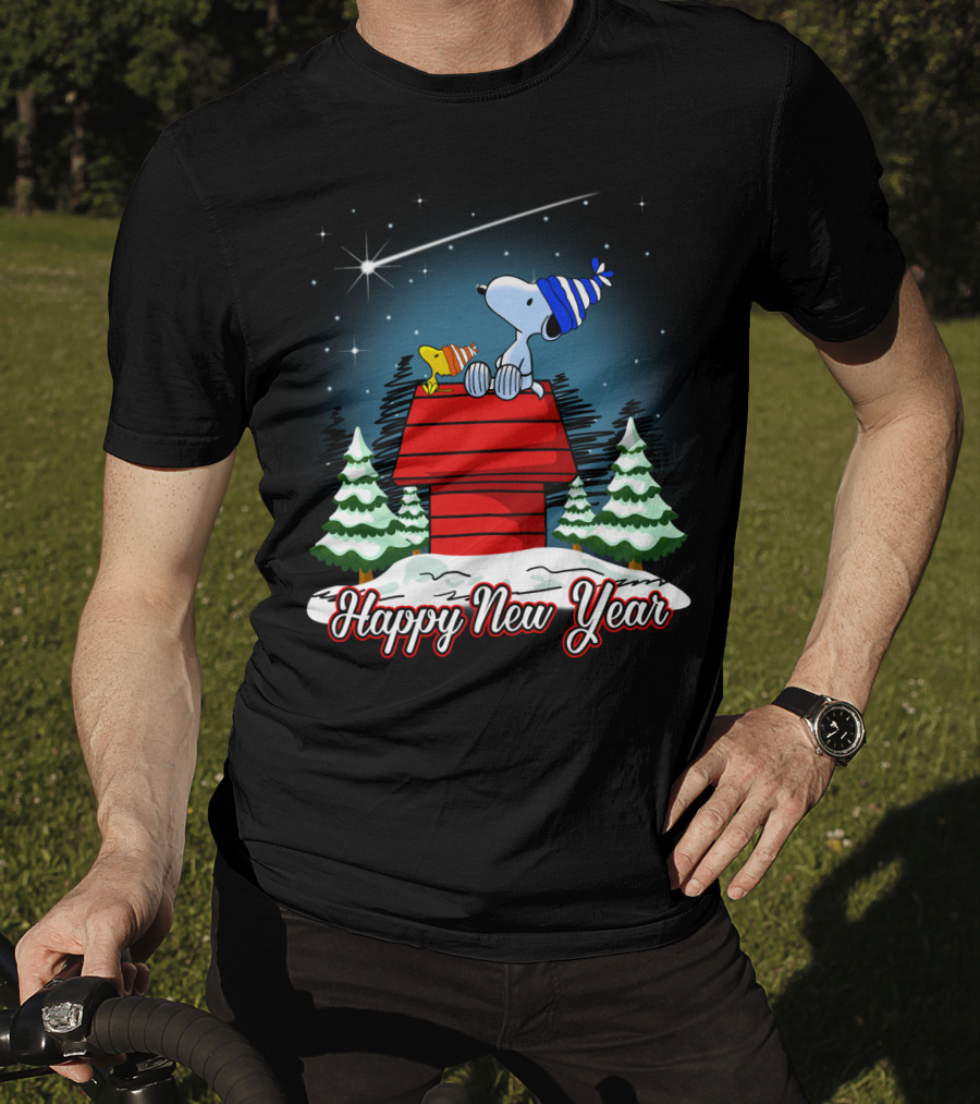 Snoopy Happy New Year With Woodstock On Doghouse Under Starry Sky T-Shirt