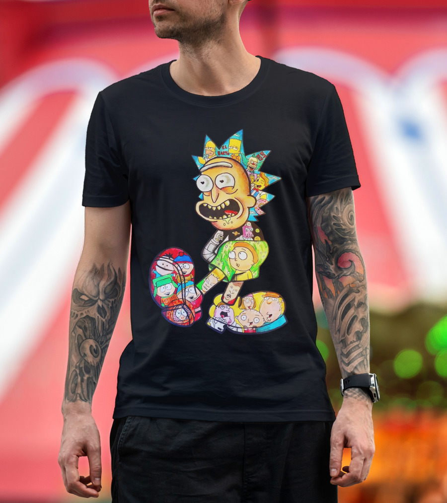Rick and Morty South Park Family Guy Simpsons Crossover All In One T-Shirt