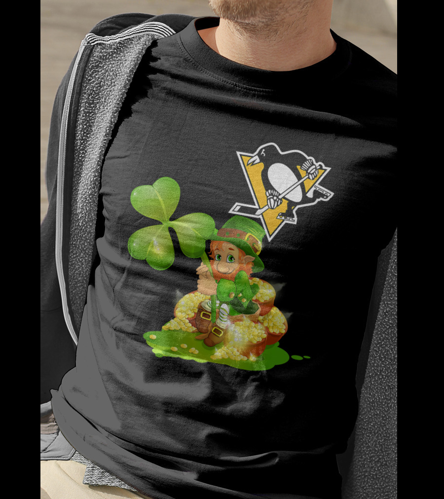 Pittsburgh Penguins St. Patrick's Day Lucky Leprechaun Hockey Shamrock Gold T-Shirt