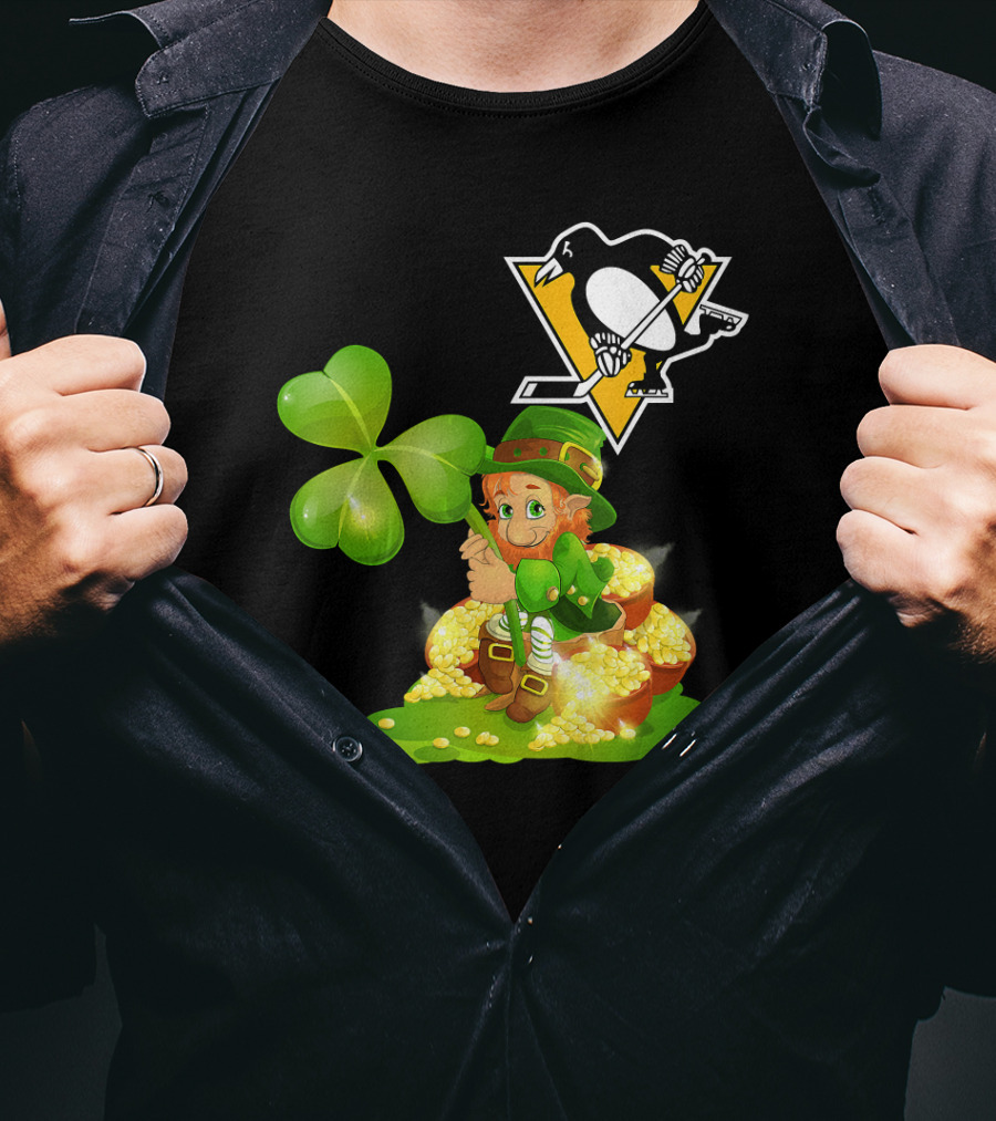 Pittsburgh Penguins St. Patrick's Day Lucky Leprechaun Hockey Shamrock Gold T-Shirt