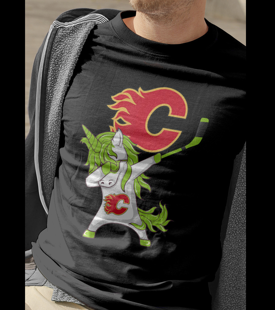 St Patrick Day Dabbing Unicorn Calgary Flames Hockey Stick T-Shirt