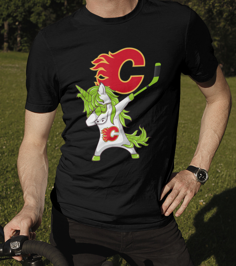 St Patrick Day Dabbing Unicorn Calgary Flames Hockey Stick T-Shirt