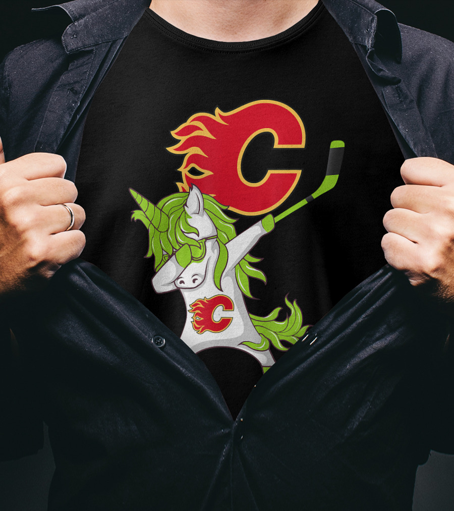 St Patrick Day Dabbing Unicorn Calgary Flames Hockey Stick T-Shirt