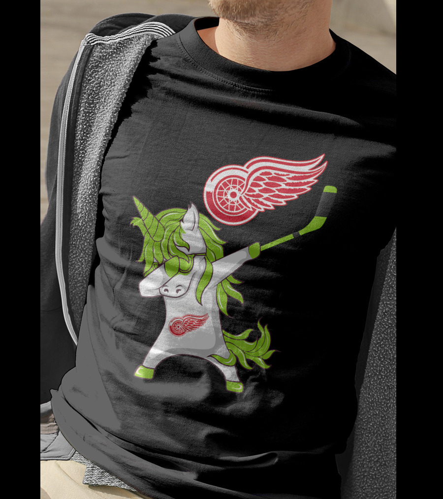 Detroit Red Wings St Patrick's Day Dabbing Unicorn Hockey Stick T-Shirt
