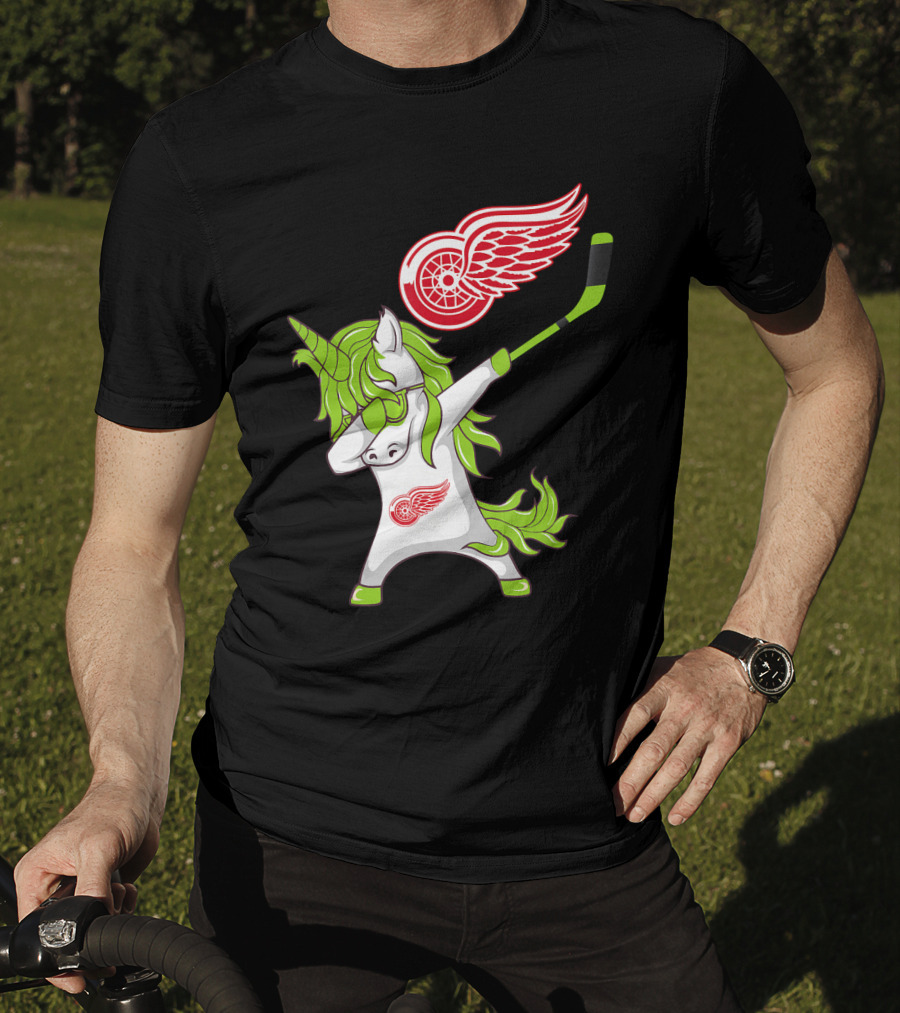 Detroit Red Wings St Patrick's Day Dabbing Unicorn Hockey Stick T-Shirt
