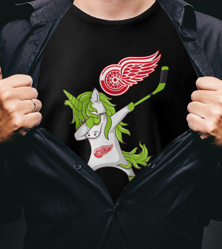 Detroit Red Wings St Patrick's Day Dabbing Unicorn Hockey Stick T-Shirt