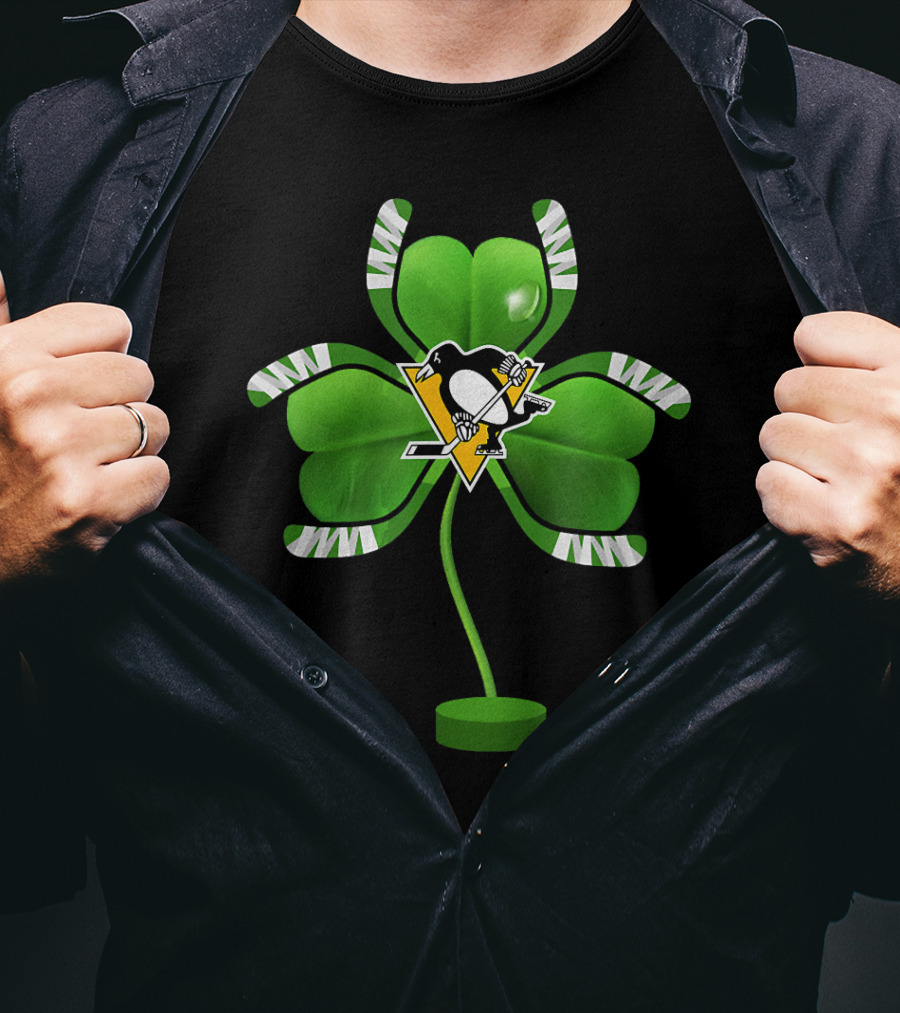 St Patrick Day Irish Shamrock Pittsburgh Penguin Hockey Tree T-Shirt