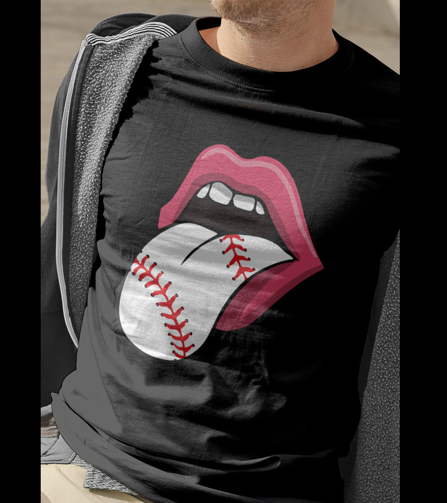 Baseball Red Lips Tongue Stitch T-Shirt