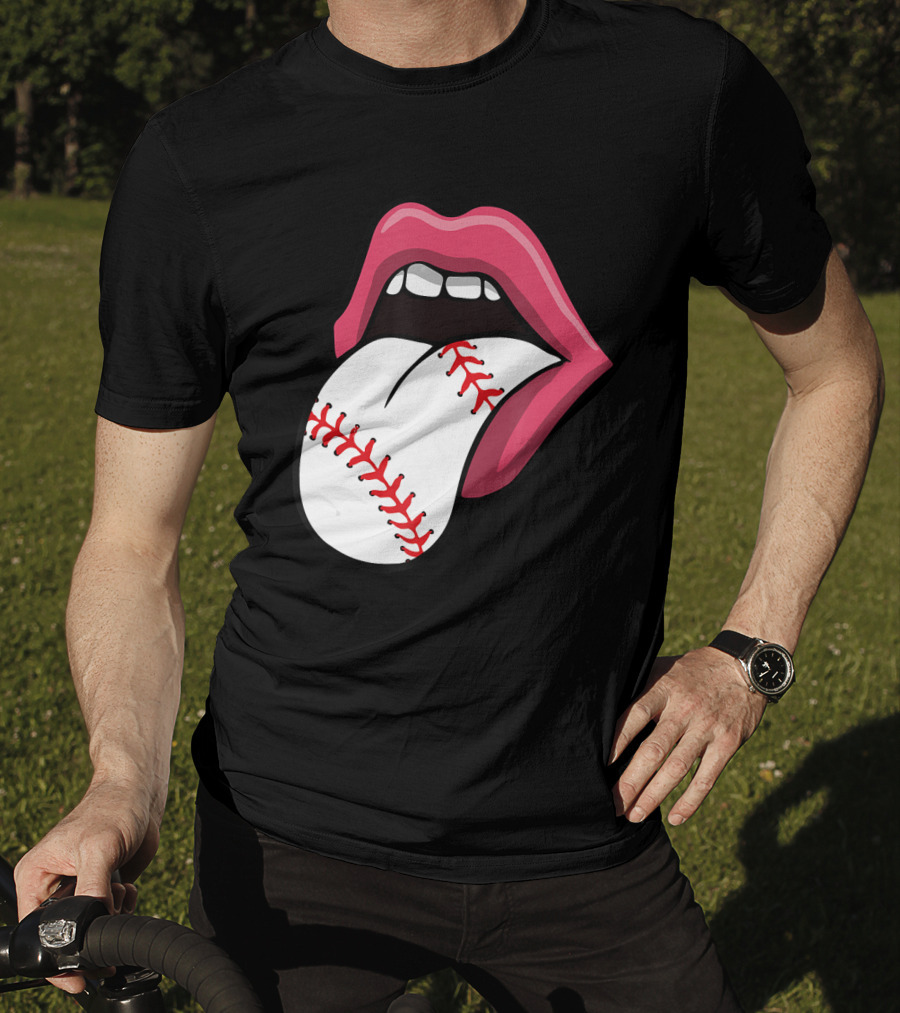 Baseball Red Lips Tongue Stitch T-Shirt