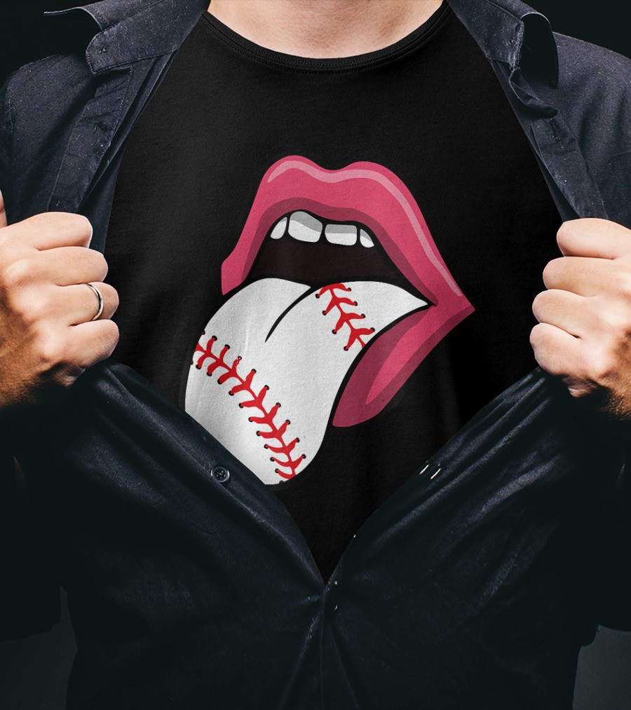 Baseball Red Lips Tongue Stitch T-Shirt