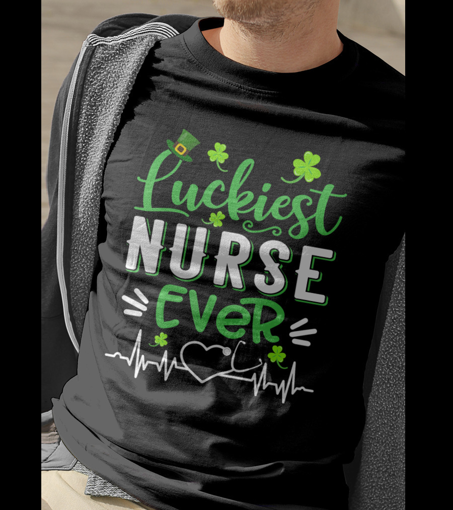 Luckiest Nurse Ever Shamrock Top Hat Heartbeat St Patrick T-Shirt