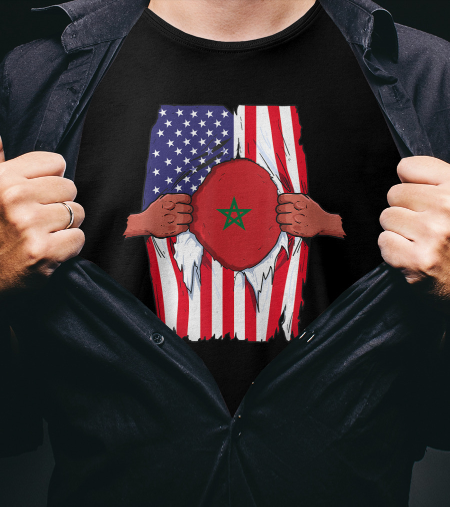 Morocco Flag Inside American Flag Home Pride Moroccan T-Shirt