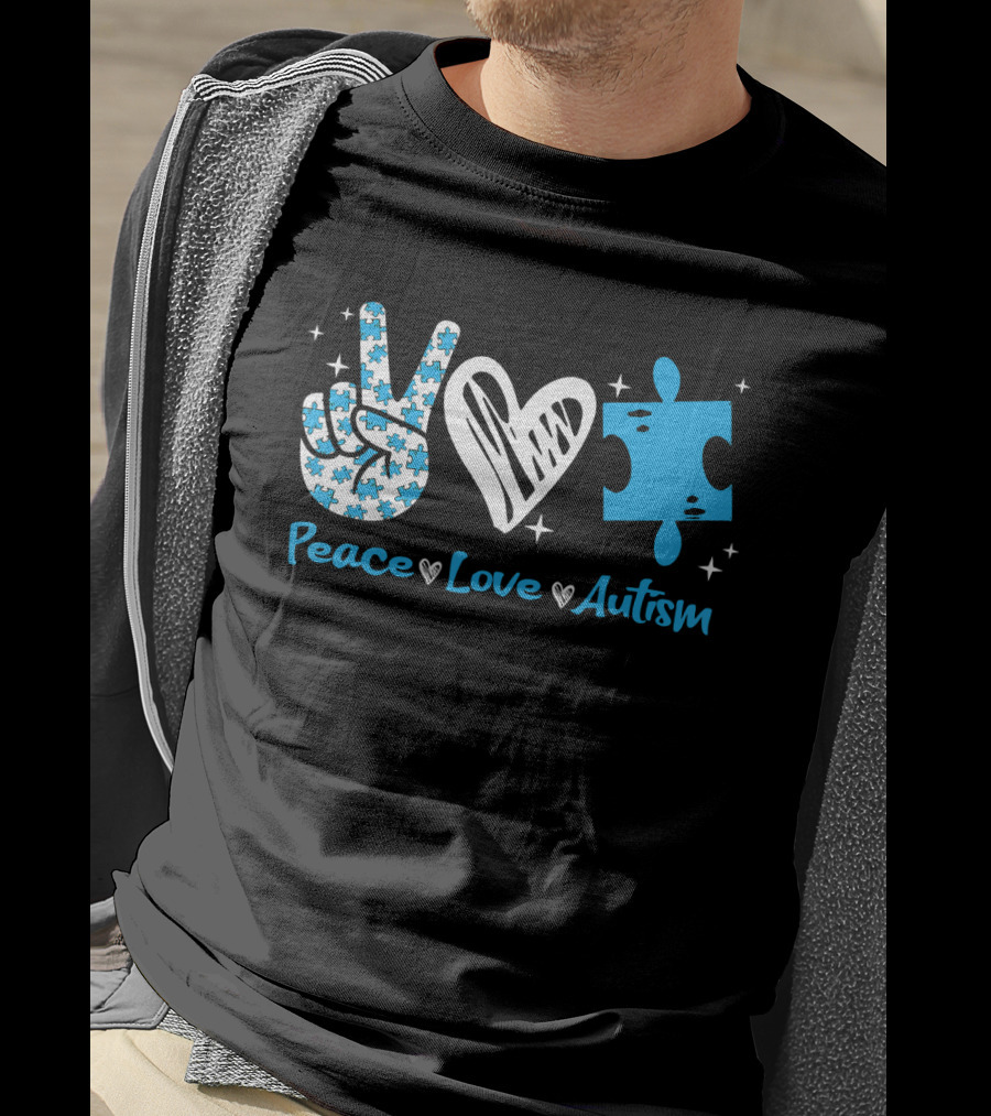 Peace Love Autism Awareness Blue Puzzle Piece T-Shirt
