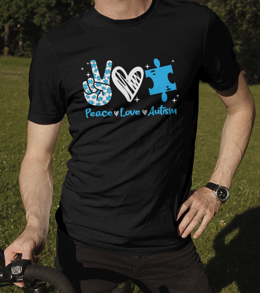 Peace Love Autism Awareness Blue Puzzle Piece T-Shirt