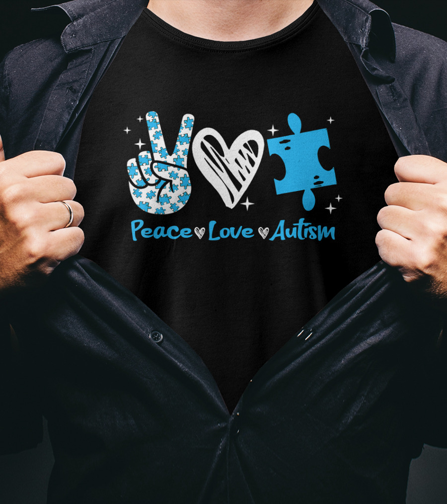 Peace Love Autism Awareness Blue Puzzle Piece T-Shirt