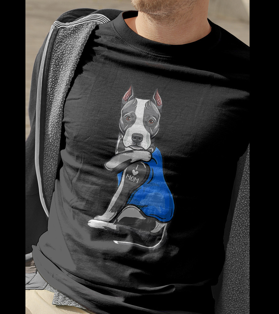 Pit Bull Dog I Love Mom Tattoo Blue T-Shirt