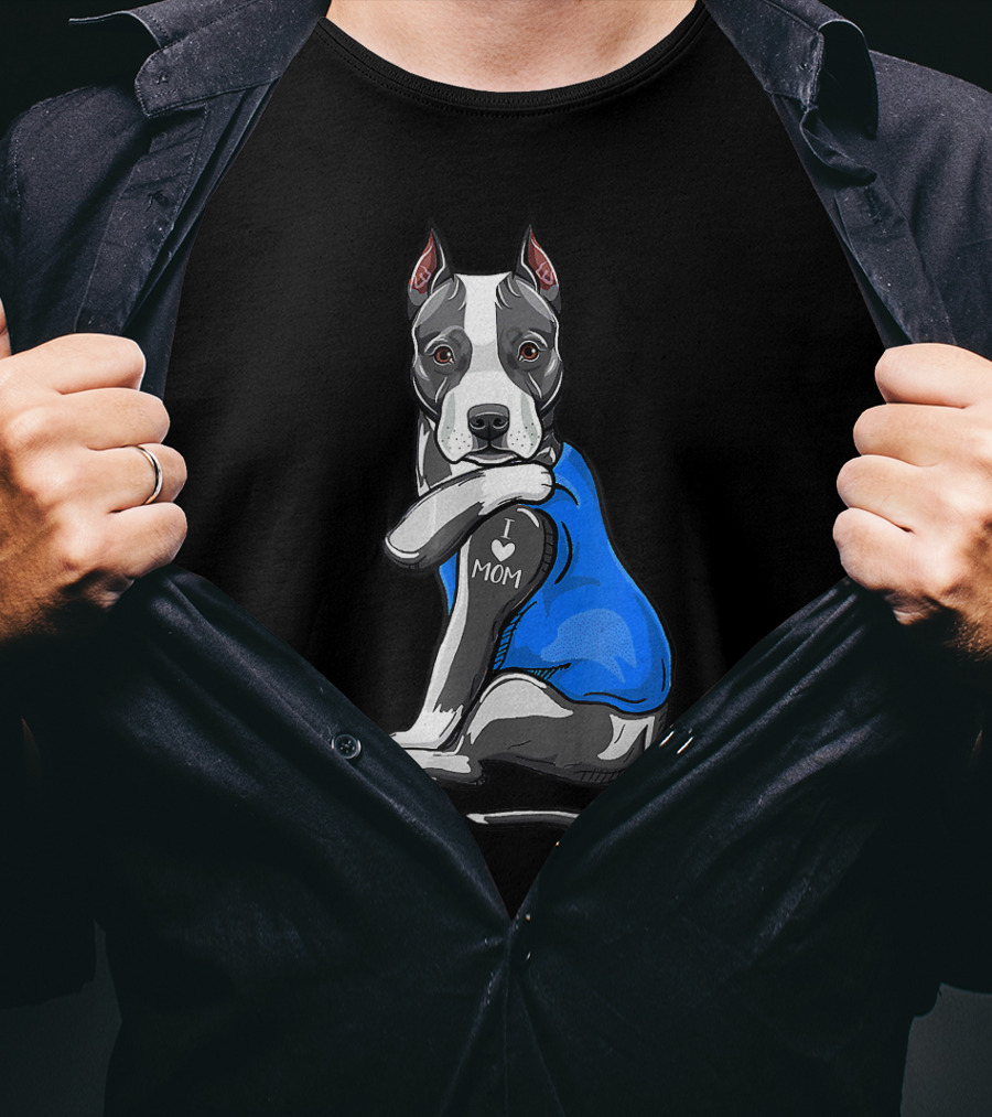 Pit Bull Dog I Love Mom Tattoo Blue T-Shirt