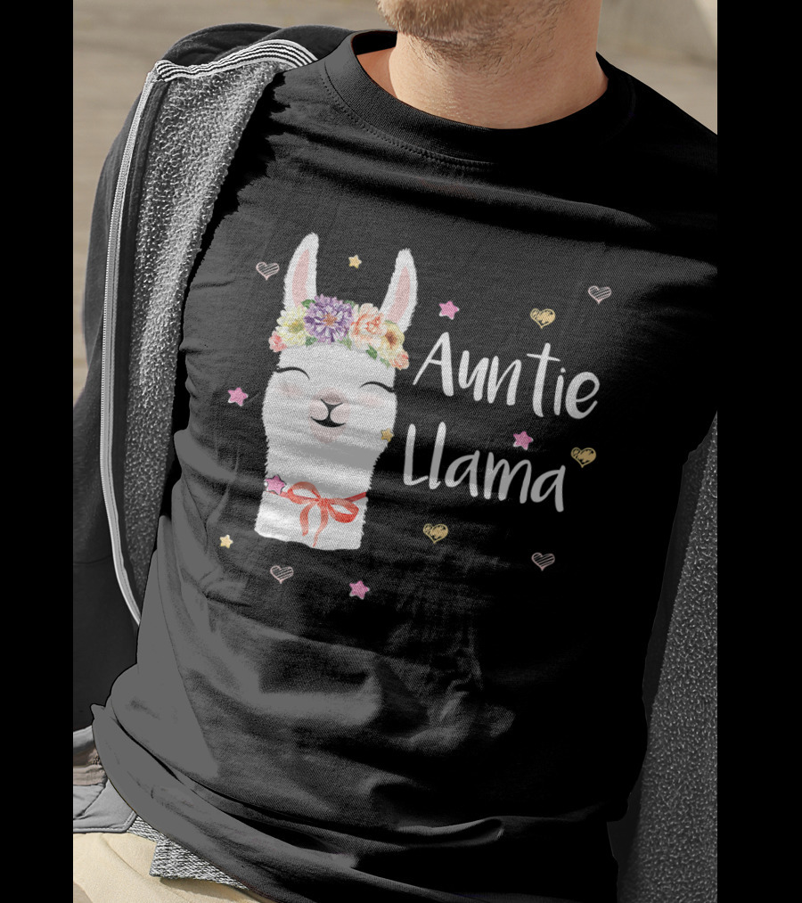 Auntie Llama Cute Floral Crown And Stars For Llama Lovers T-Shirt