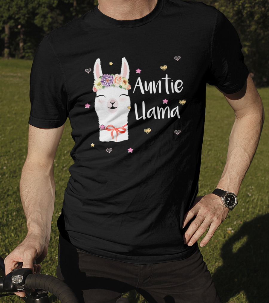 Auntie Llama Cute Floral Crown And Stars For Llama Lovers T-Shirt