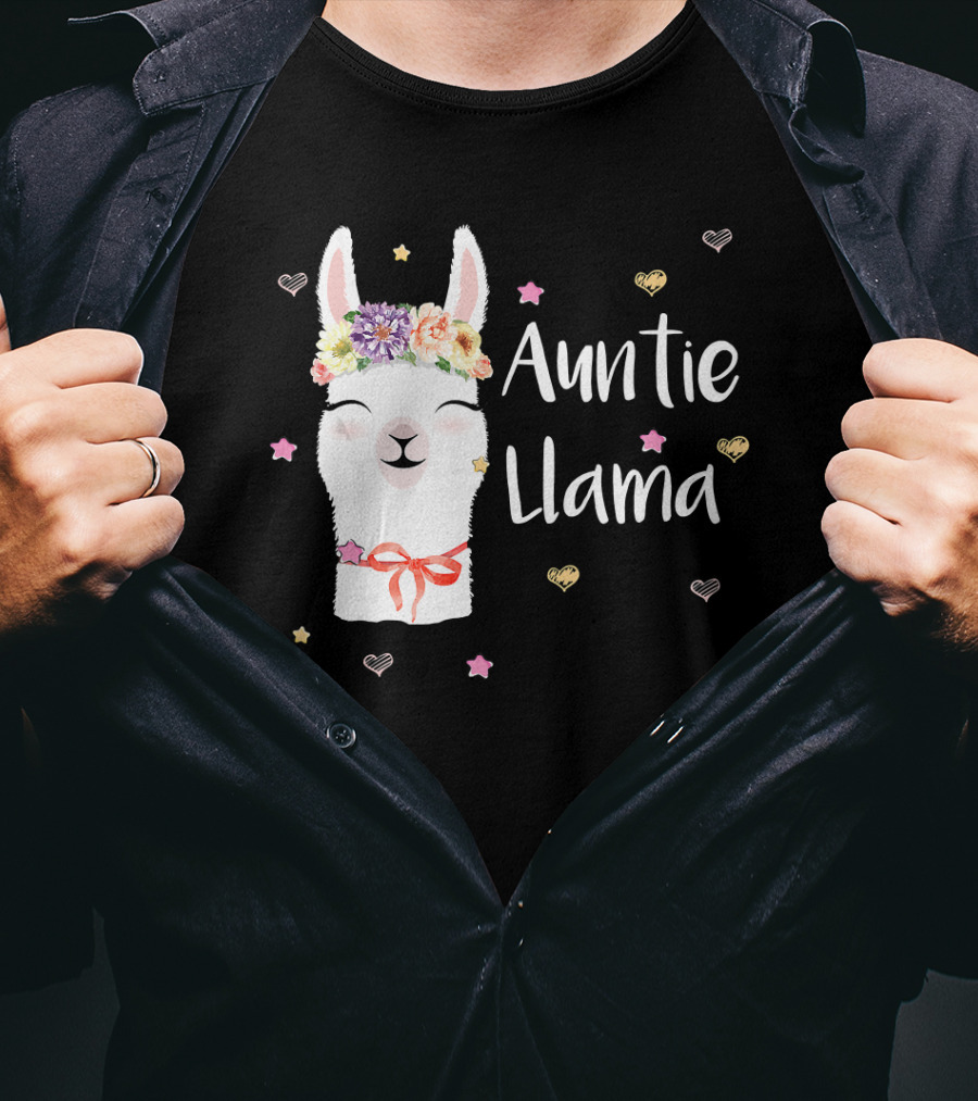 Auntie Llama Cute Floral Crown And Stars For Llama Lovers T-Shirt