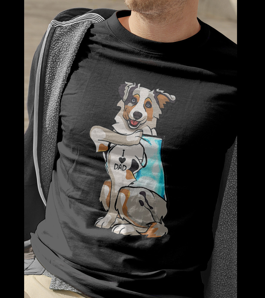 Australian Shepherd Dog I Love Dad Tattoo Paws Up T-Shirt