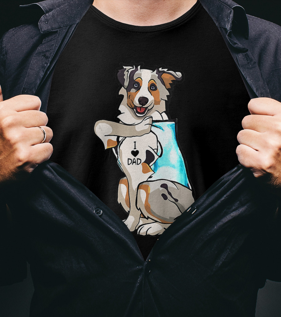 Australian Shepherd Dog I Love Dad Tattoo Paws Up T-Shirt