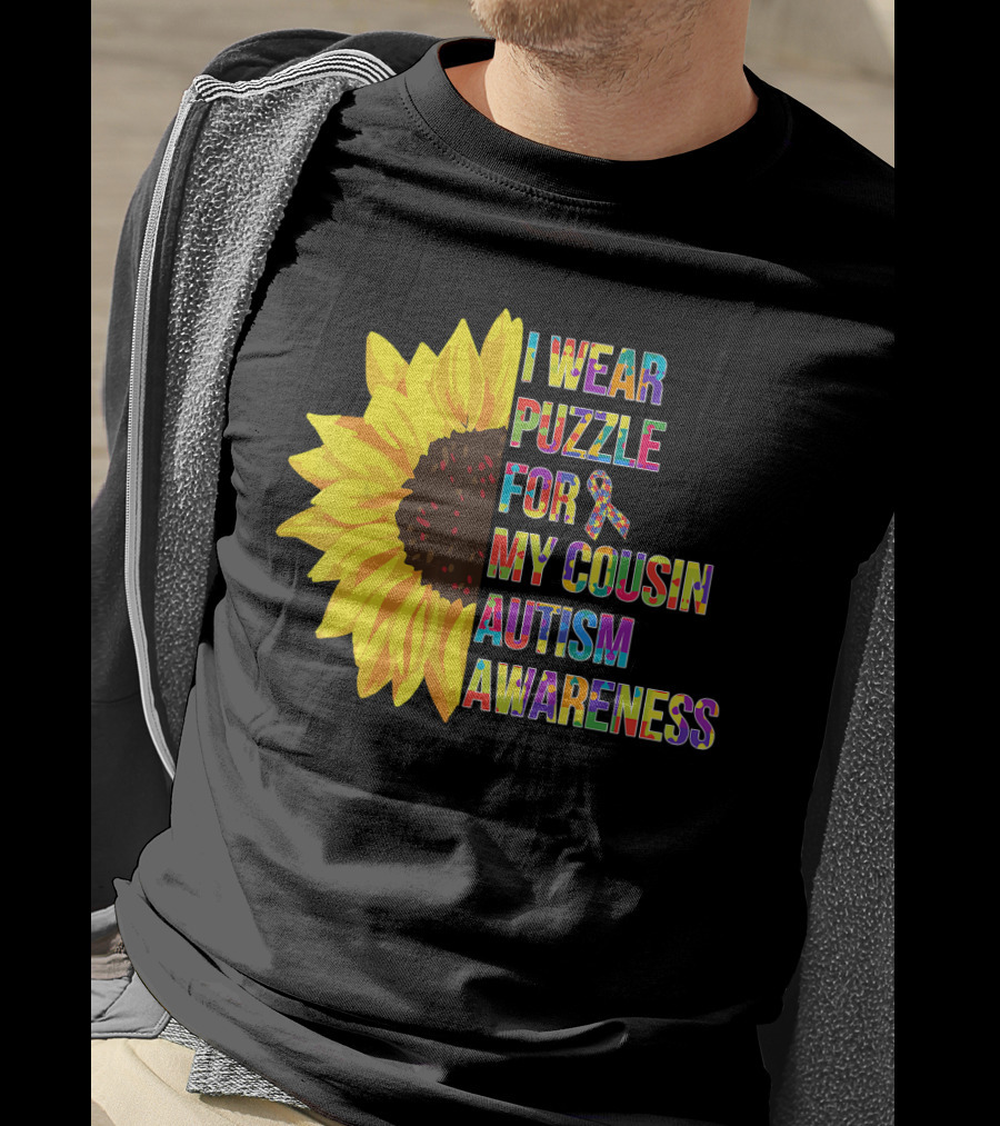 I Wear Puzzle For My Cousin Autism Awareness Sunflower T-Shirt