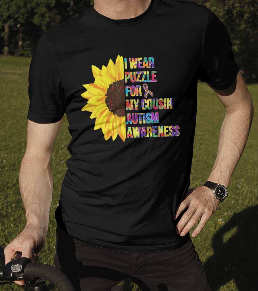 I Wear Puzzle For My Cousin Autism Awareness Sunflower T-Shirt