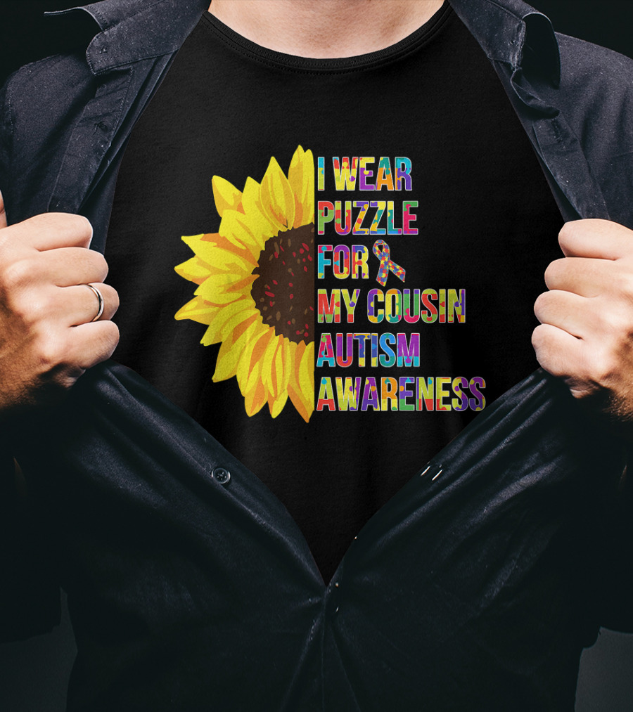 I Wear Puzzle For My Cousin Autism Awareness Sunflower T-Shirt