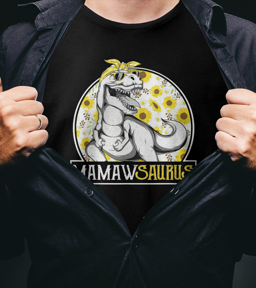 Mamaw Saurus Sunflower Dinosaur Grandma Fun Retro T-Rex T-Shirt