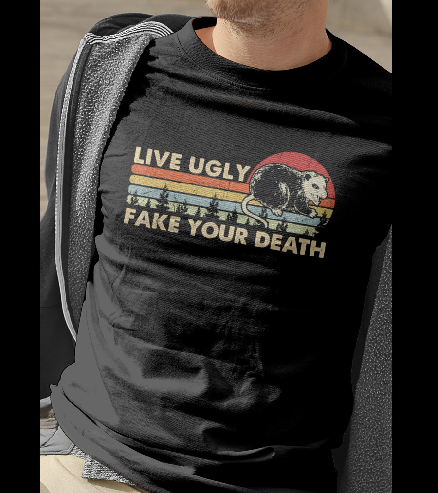Live Ugly Fake Your Death Opossum Vintage Sunset Forest Retro T-Shirt