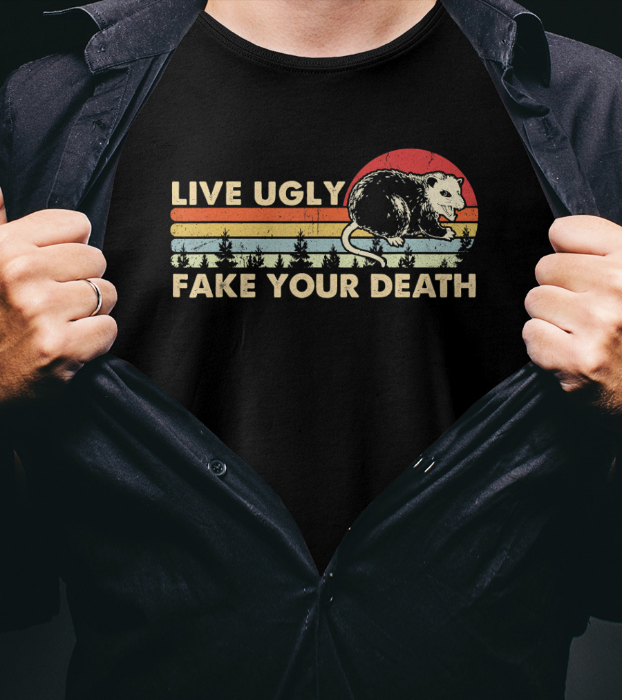 Live Ugly Fake Your Death Opossum Vintage Sunset Forest Retro T-Shirt