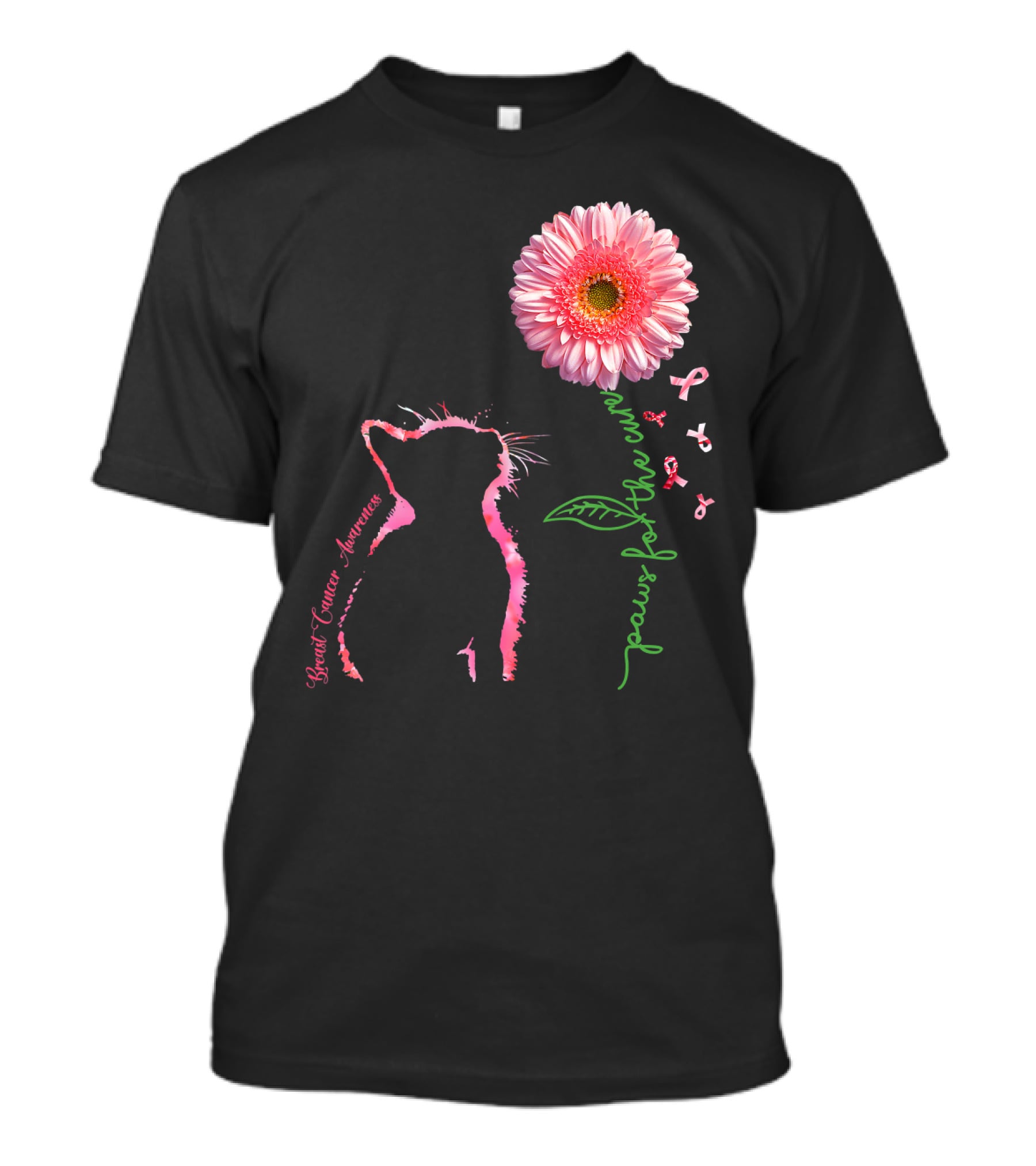 Paws For The Cure Breast Cancer Awareness Cat Pink Flower T-Shirt